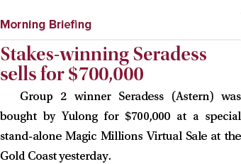  ￼ Stakes winning Seradess sells for $700,000 Group 2 winner Seradess (Astern) was bought by Yulong for $700,000 at a...