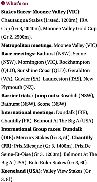 ￼ What's on Stakes Races: Moonee Valley (VIC): Chautauqua Stakes (Listed, 1200m), JRA Cup (Gr 3, 2040m), Moonee Valle...