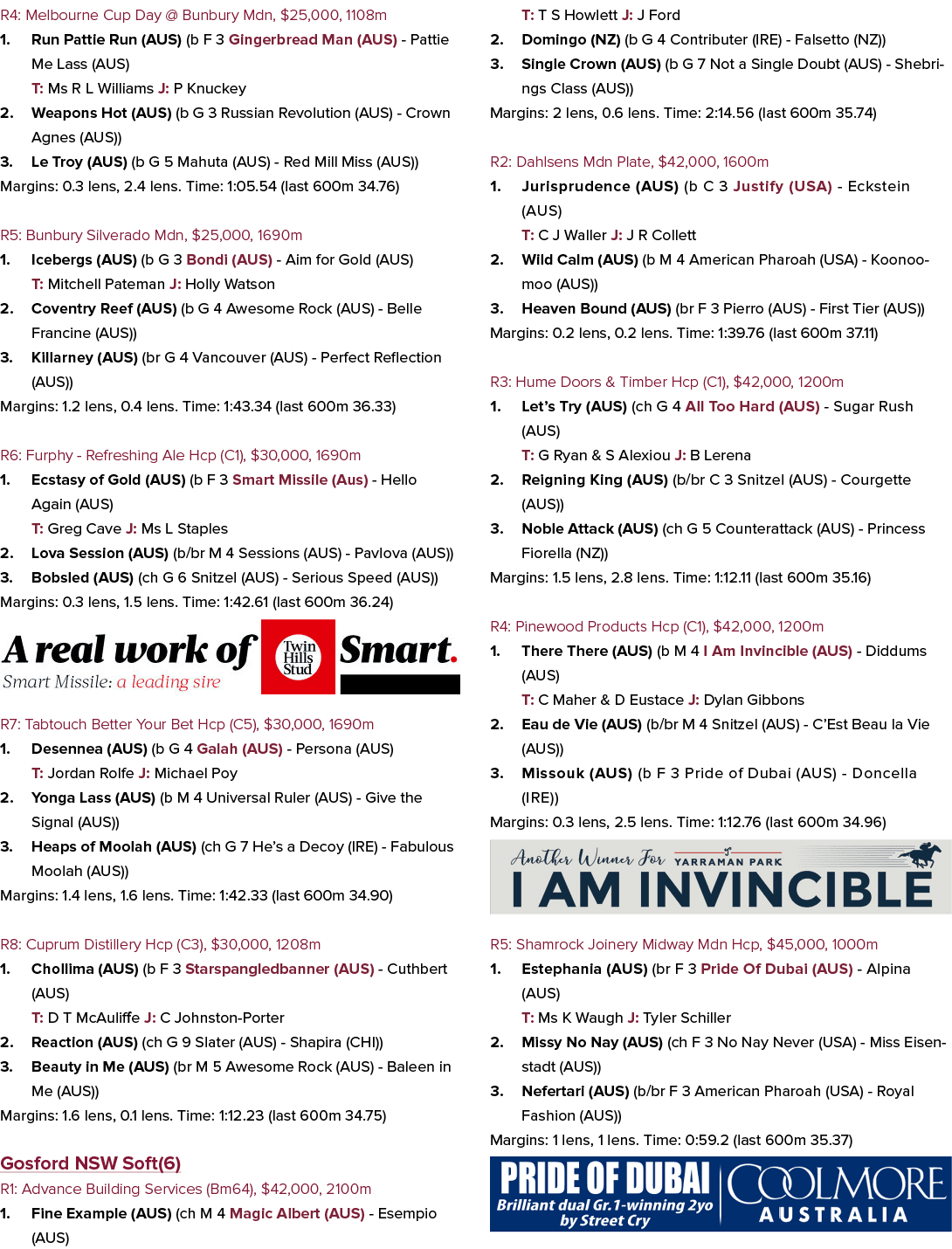 R4: Melbourne Cup Day @ Bunbury Mdn, $25,000, 1108m 1. Run Pattie Run (AUS) (b F 3 Gingerbread Man (AUS) Pattie Me La...