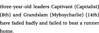 three year old leaders Captivant (Capitalist) (8th) and Grandslam (Myboycharlie) (14th) have faded badly and failed t...
