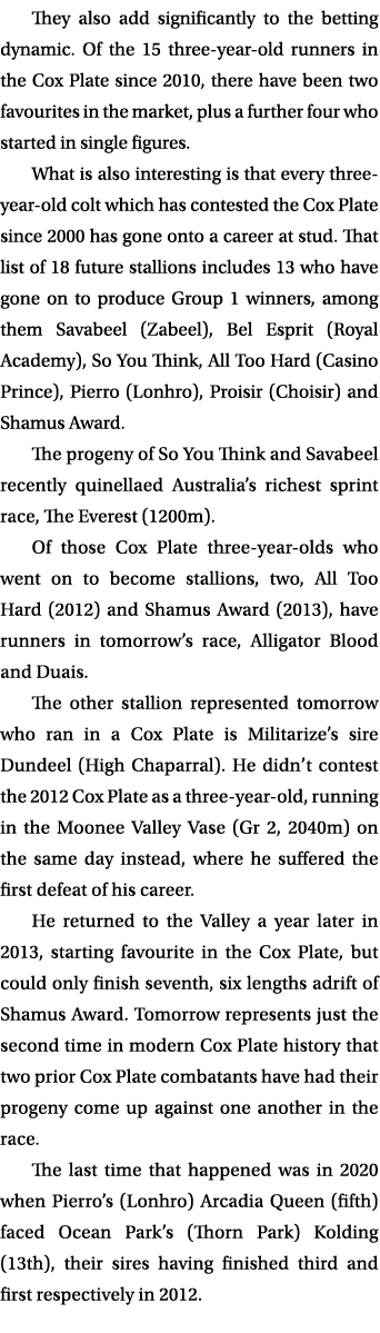 They also add significantly to the betting dynamic. Of the 15 three year old runners in the Cox Plate since 2010, the...
