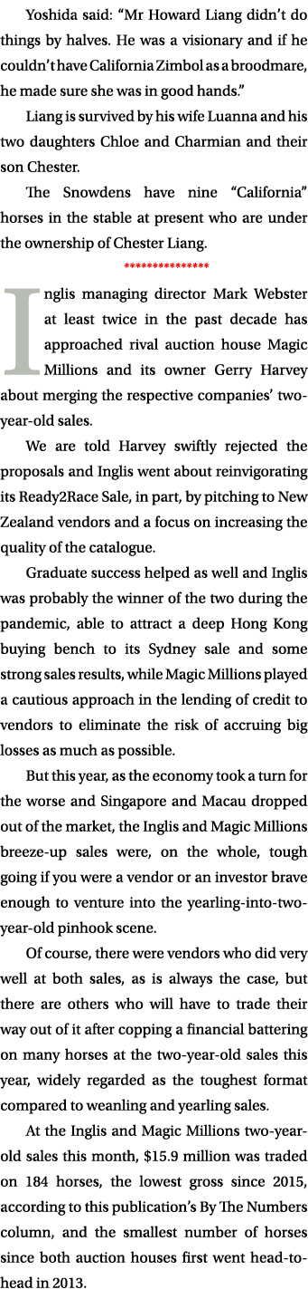 Yoshida said: “Mr Howard Liang didn’t do things by halves. He was a visionary and if he couldn’t have California Zimb...