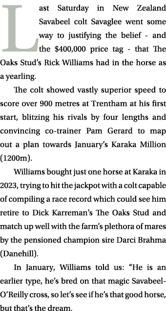 Last Saturday in New Zealand Savabeel colt Savaglee went some way to justifying the belief and the $400,000 price tag...