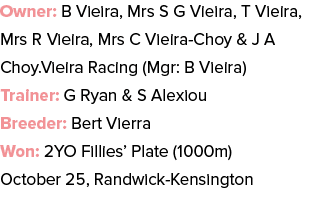 Owner: B Vieira, Mrs S G Vieira, T Vieira, Mrs R Vieira, Mrs C Vieira Choy & J A Choy.Vieira Racing (Mgr: B Vieira) T...