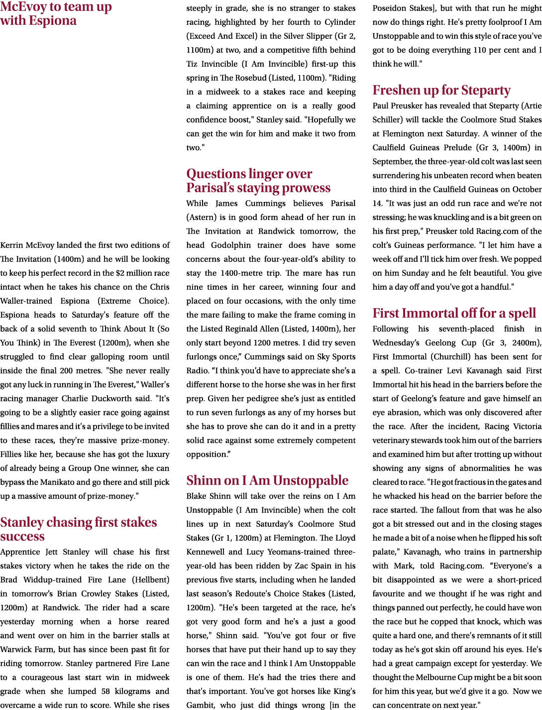 McEvoy to team up with Espiona Kerrin McEvoy landed the first two editions of The Invitation (1400m) and he will be l...
