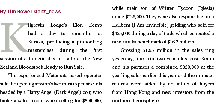 ￼ Kilgravin Lodge’s Eion Kemp had a day to remember at Karaka, producing a pinhooking masterclass during the first se...