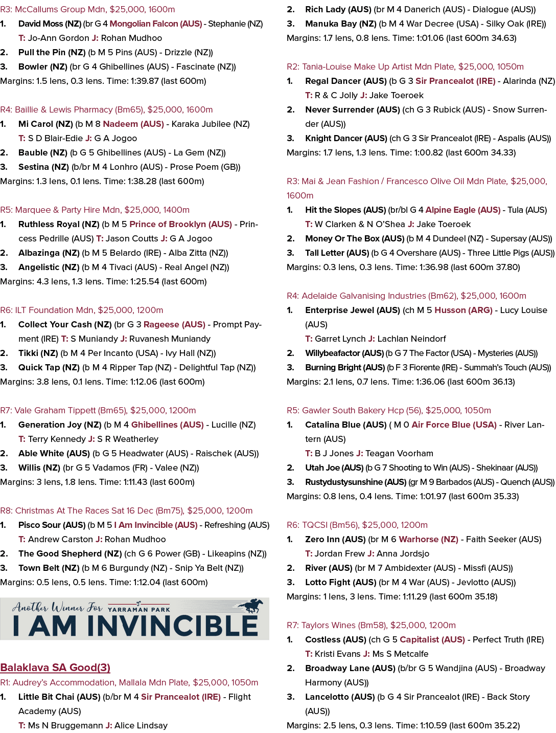 R3: McCallums Group Mdn, $25,000, 1600m 1. David Moss (NZ) (br G 4 Mongolian Falcon (AUS) Stephanie (NZ) T: Jo Ann Go...