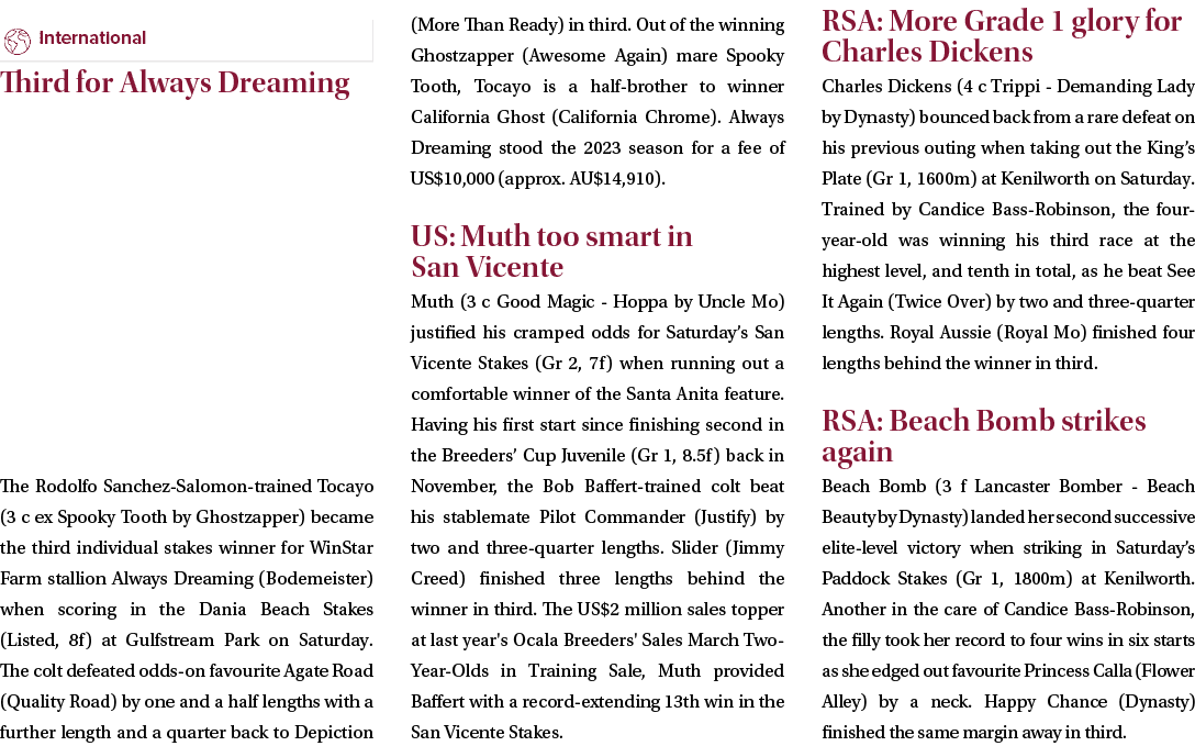 ￼ Third for Always Dreaming The Rodolfo Sanchez Salomon trained Tocayo (3 c ex Spooky Tooth by Ghostzapper) became th...