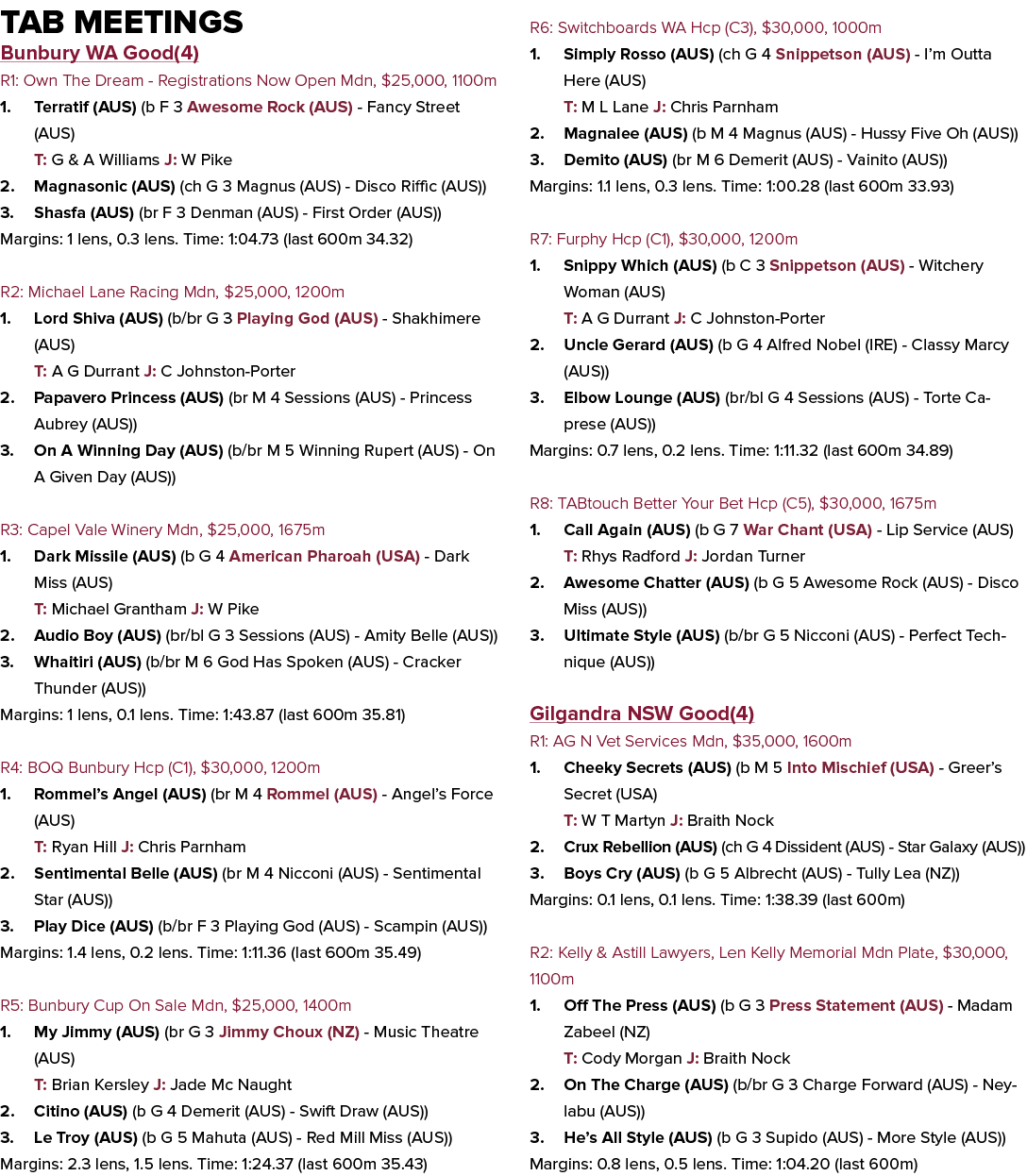Tab Meetings Bunbury WA Good(4) R1: Own The Dream Registrations Now Open Mdn, $25,000, 1100m 1. Terratif (AUS) (b F 3...
