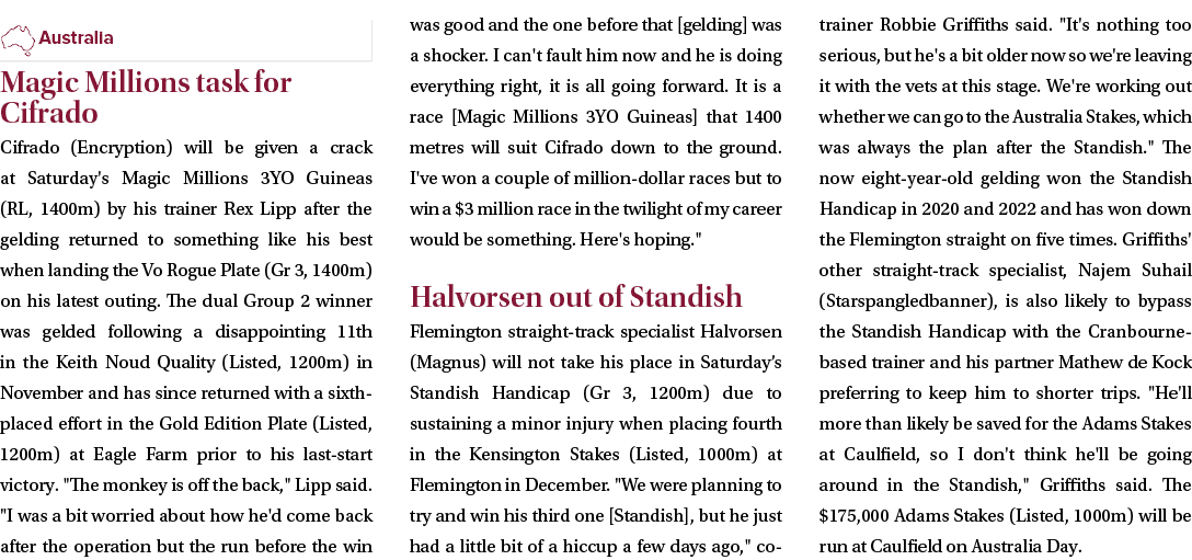 ￼ Magic Millions task for Cifrado Cifrado (Encryption) will be given a crack at Saturday's Magic Millions 3YO Guineas...