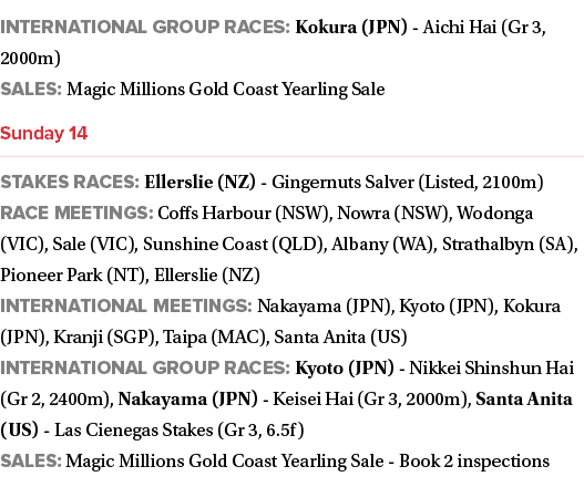 International Group races: Kokura (JPN) Aichi Hai (Gr 3, 2000m) Sales: Magic Millions Gold Coast Yearling Sale ￼ Stak...
