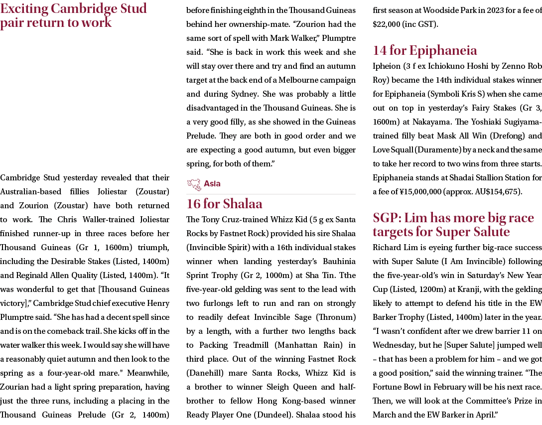 Exciting Cambridge Stud pair return to work Cambridge Stud yesterday revealed that their Australian based fillies Jol...