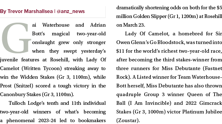 ￼ Gai Waterhouse and Adrian Bott’s magical two year old onslaught grew only stronger when they swept yesterday’s juve...