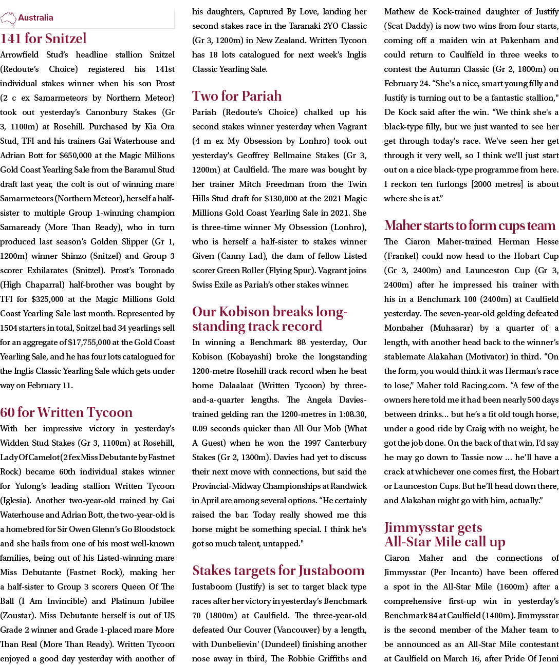 ￼ 141 for Snitzel Arrowfield Stud’s headline stallion Snitzel (Redoute’s Choice) registered his 141st individual stak...