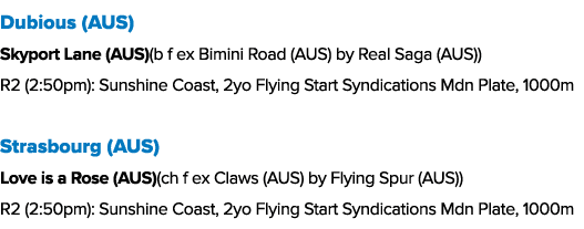 Dubious (AUS) Skyport Lane (AUS)(b f ex Bimini Road (AUS) by Real Saga (AUS)) R2 (2:50pm): Sunshine Coast, 2yo Flying...