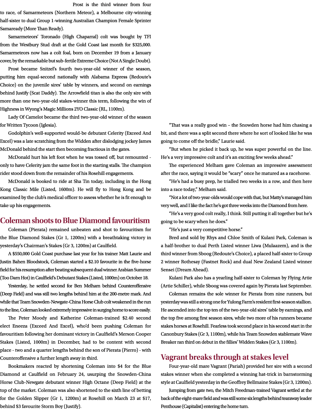 Prost is the third winner from four to race, of Samarmeteors (Northern Meteor), a Melbourne city winning half sister ...