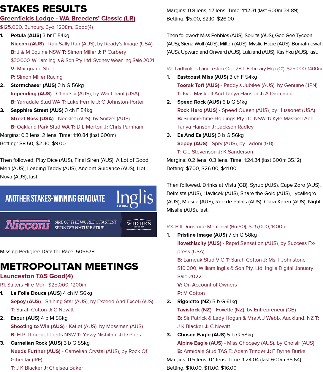 Stakes Results Greenfields Lodge WA Breeders’ Classic (LR) $125,000, Bunbury, 3yo, 1208m, Good(4) 1. Petula (AUS) 3 b...