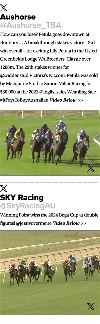 ￼ Aushorse @Aushorse_TBA How can you lose? Petula goes downtown at Bunbury … A breakthrough stakes victory – 3rd win ...