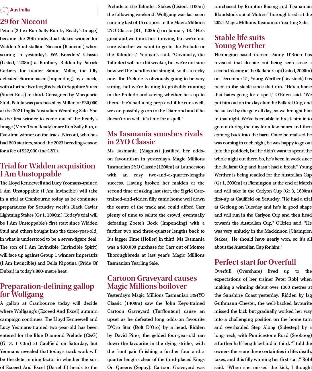 ￼ 29 for Nicconi Petula (3 f ex Run Sally Run by Ready’s Image) became the 29th individual stakes winner for Widden S...