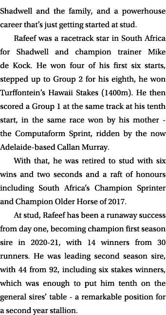 Shadwell and the family, and a powerhouse career that’s just getting started at stud. Rafeef was a racetrack star in ...