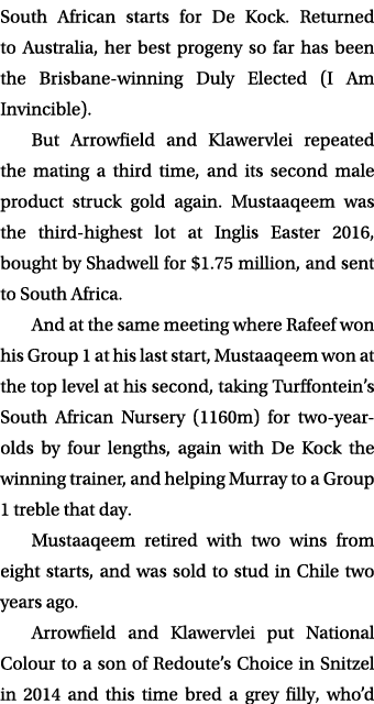 South African starts for De Kock. Returned to Australia, her best progeny so far has been the Brisbane winning Duly E...