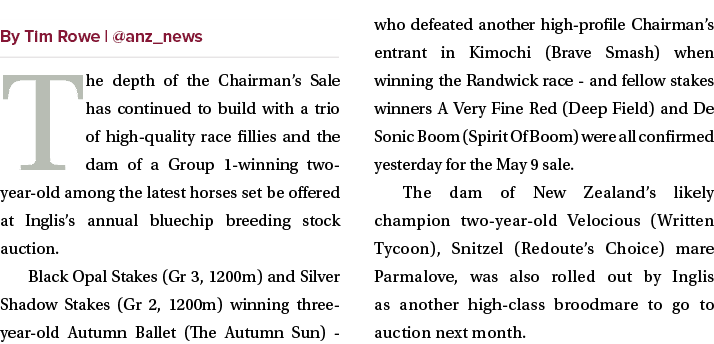 ￼ The depth of the Chairman’s Sale has continued to build with a trio of high quality race fillies and the dam of a G...