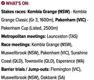 ￼ What's on: Stakes races: Kembla Grange (NSW) Kembla Grange Classic (Gr 3, 1600m), Pakenham (VIC) Pakenham Cup (List...