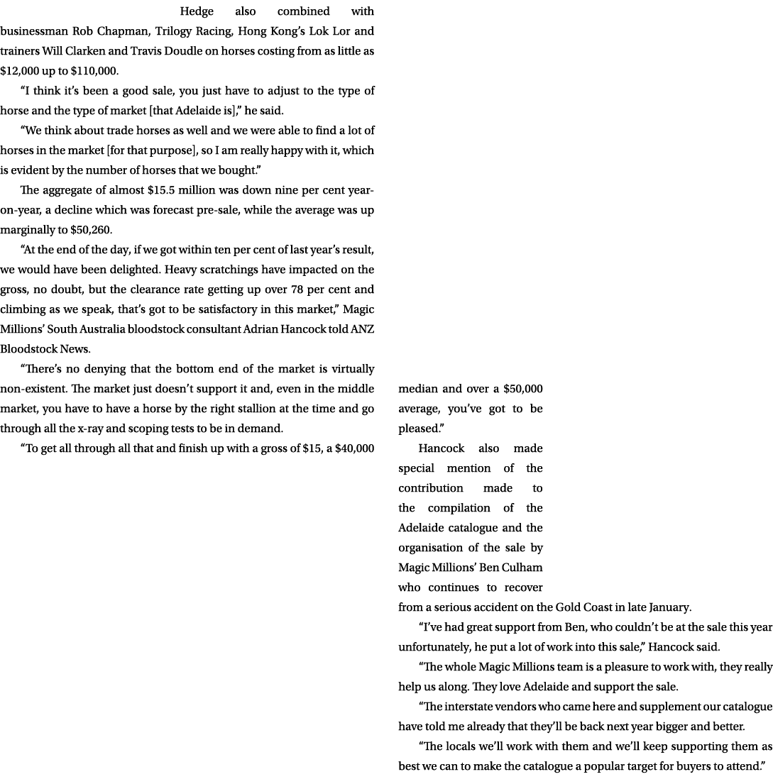 Hedge also combined with businessman Rob Chapman, Trilogy Racing, Hong Kong’s Lok Lor and trainers Will Clarken and T...