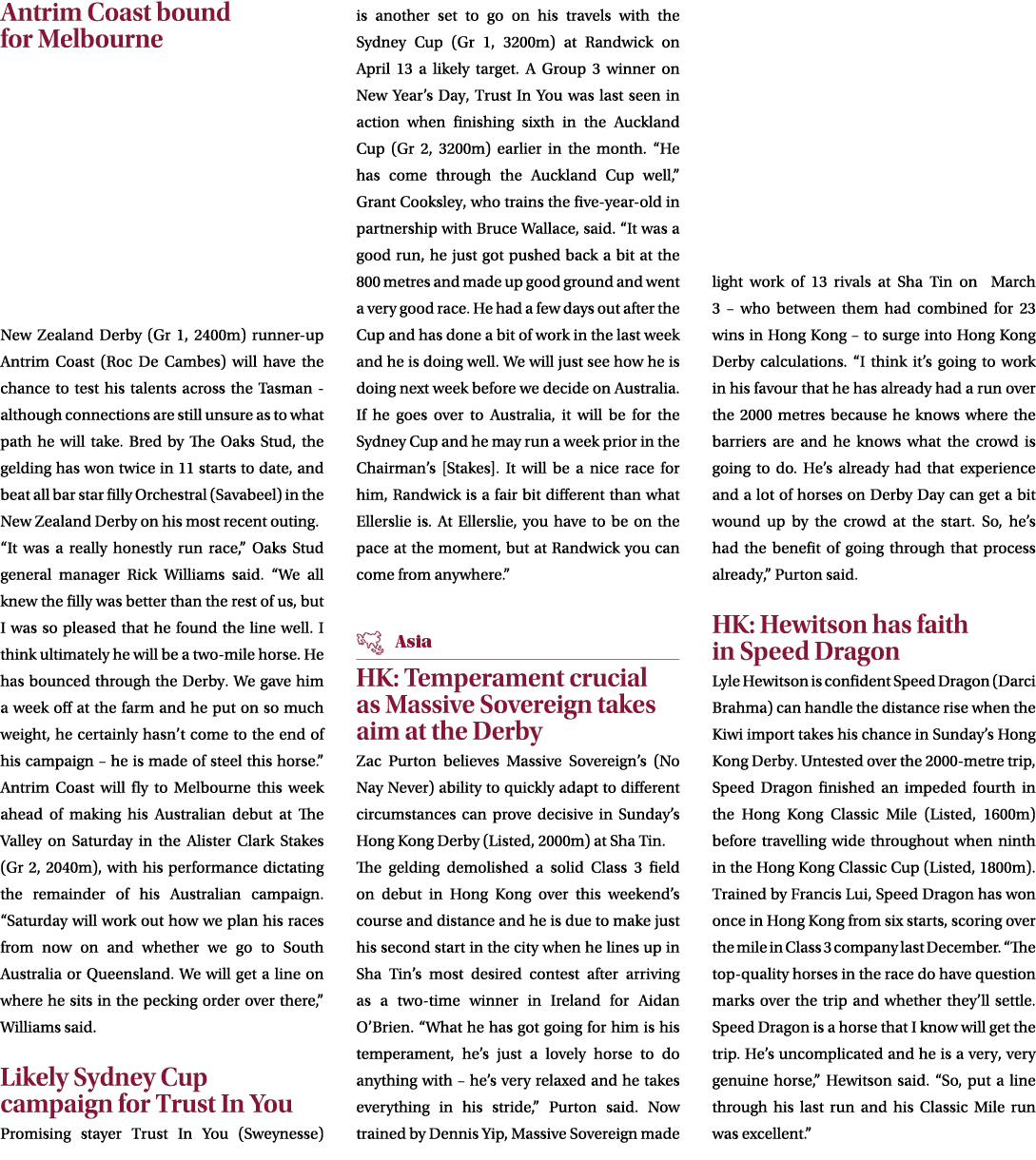 Antrim Coast bound for Melbourne New Zealand Derby (Gr 1, 2400m) runner up Antrim Coast (Roc De Cambes) will have the...