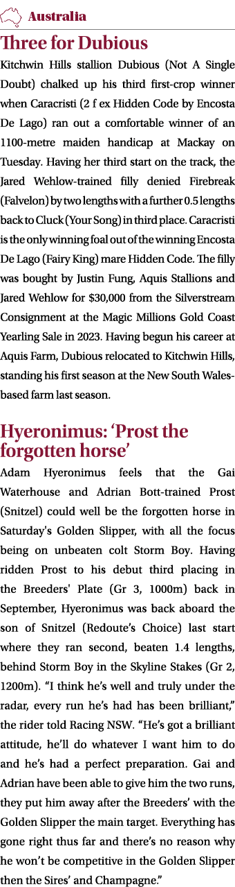 ￼ Three for Dubious Kitchwin Hills stallion Dubious (Not A Single Doubt) chalked up his third first crop winner when ...