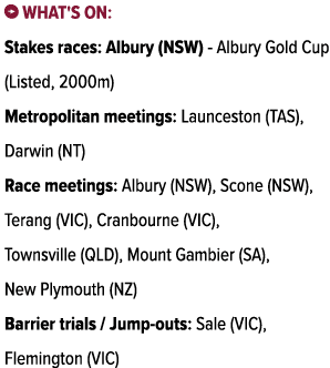 ￼ What's on: Stakes races: Albury (NSW) Albury Gold Cup (Listed, 2000m) Metropolitan meetings: Launceston (TAS), Darw...