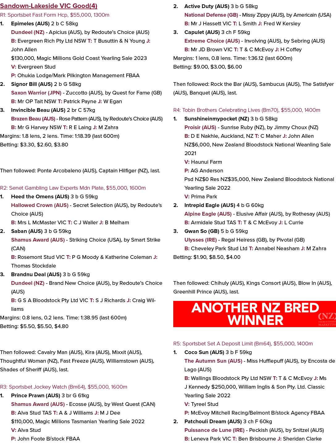 Sandown Lakeside VIC Good(4) R1: Sportsbet Fast Form Hcp, $55,000, 1300m 1. Epimeles (AUS) 2 b C 58kg Dundeel (NZ) Ap...