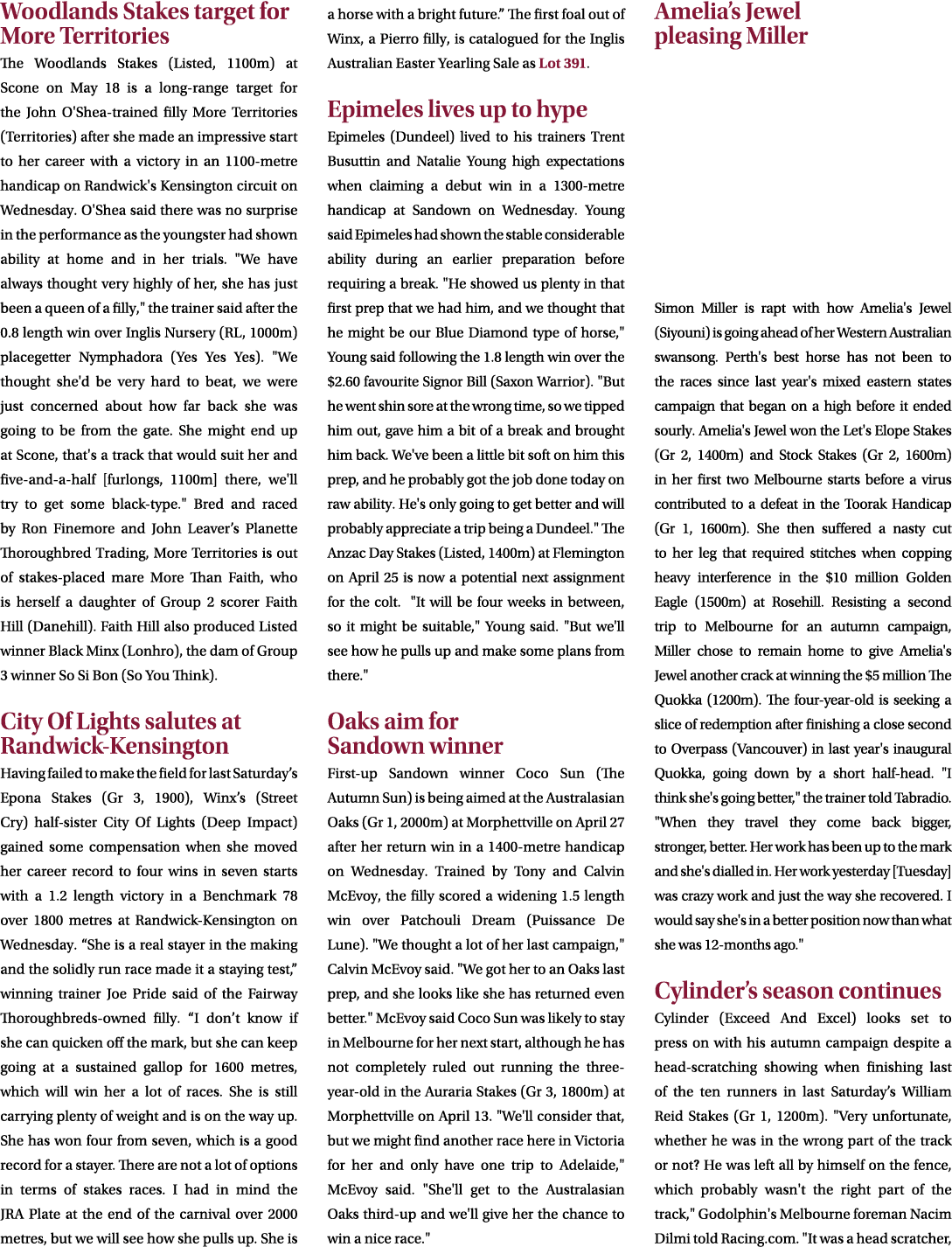Woodlands Stakes target for More Territories The Woodlands Stakes (Listed, 1100m) at Scone on May 18 is a long range ...