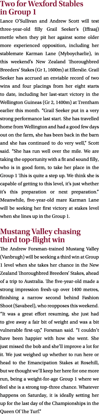 Two for Wexford Stables in Group 1 Lance O’Sullivan and Andrew Scott will test three year old filly Grail Seeker’s (I...