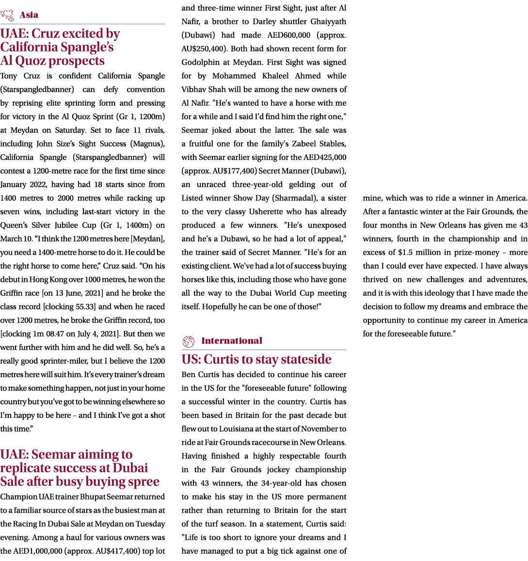  UAE: Cruz excited by California Spangle’s Al Quoz prospects Tony Cruz is confident California Spangle (Starspangled...
