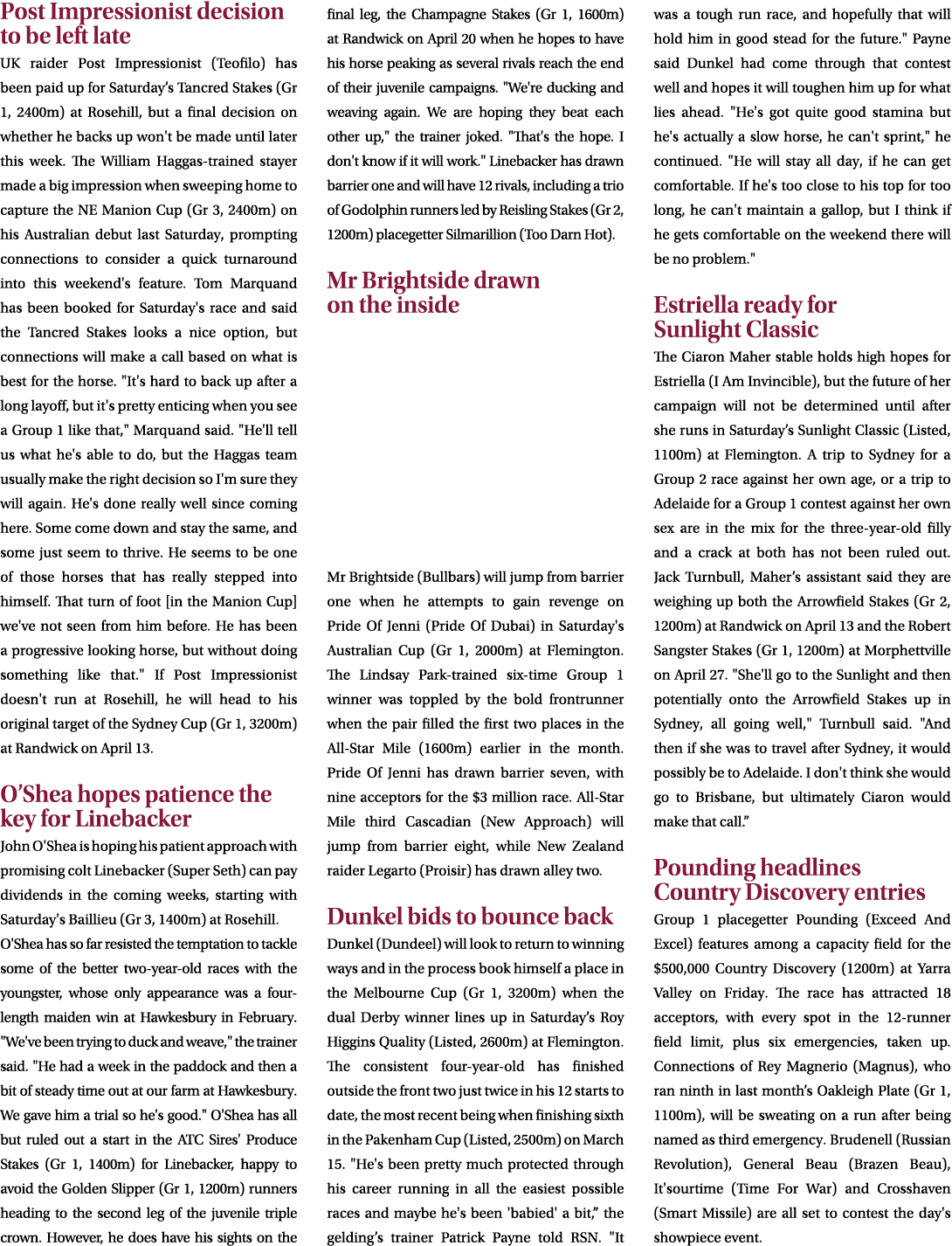 Post Impressionist decision to be left late UK raider Post Impressionist (Teofilo) has been paid up for Saturday’s Ta...
