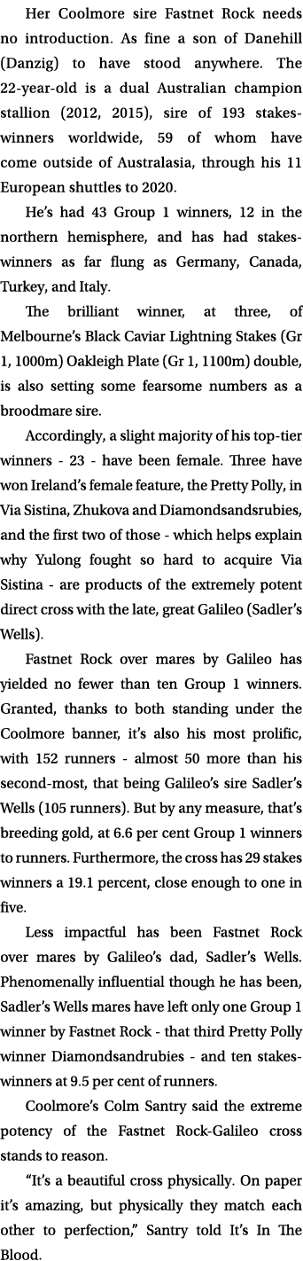 Her Coolmore sire Fastnet Rock needs no introduction. As fine a son of Danehill (Danzig) to have stood anywhere. The ...