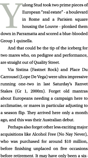 Yulong Stud took two prime pieces of European “real estate” a boulevard in Rome and a Parisien square housing the Lou...