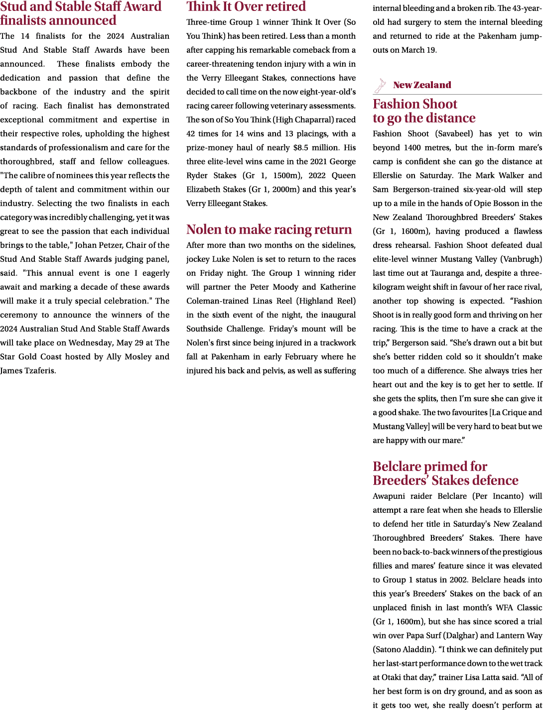 Stud and Stable Staff Award finalists announced The 14 finalists for the 2024 Australian Stud And Stable Staff Awards...