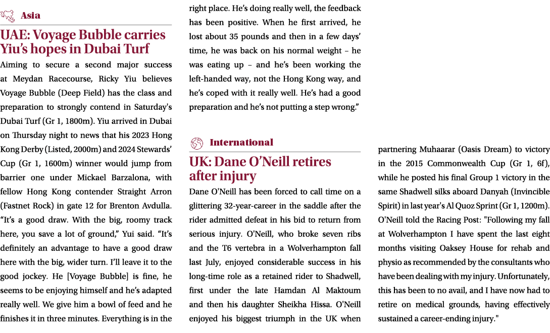 ￼ UAE: Voyage Bubble carries Yiu’s hopes in Dubai Turf Aiming to secure a second major success at Meydan Racecourse, ...