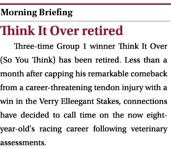  ￼ Think It Over retired Three time Group 1 winner Think It Over (So You Think) has been retired. Less than a month a...