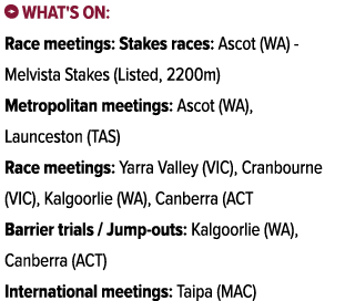 ￼ What's on: Race meetings: Stakes races: Ascot (WA) Melvista Stakes (Listed, 2200m) Metropolitan meetings: Ascot (WA...