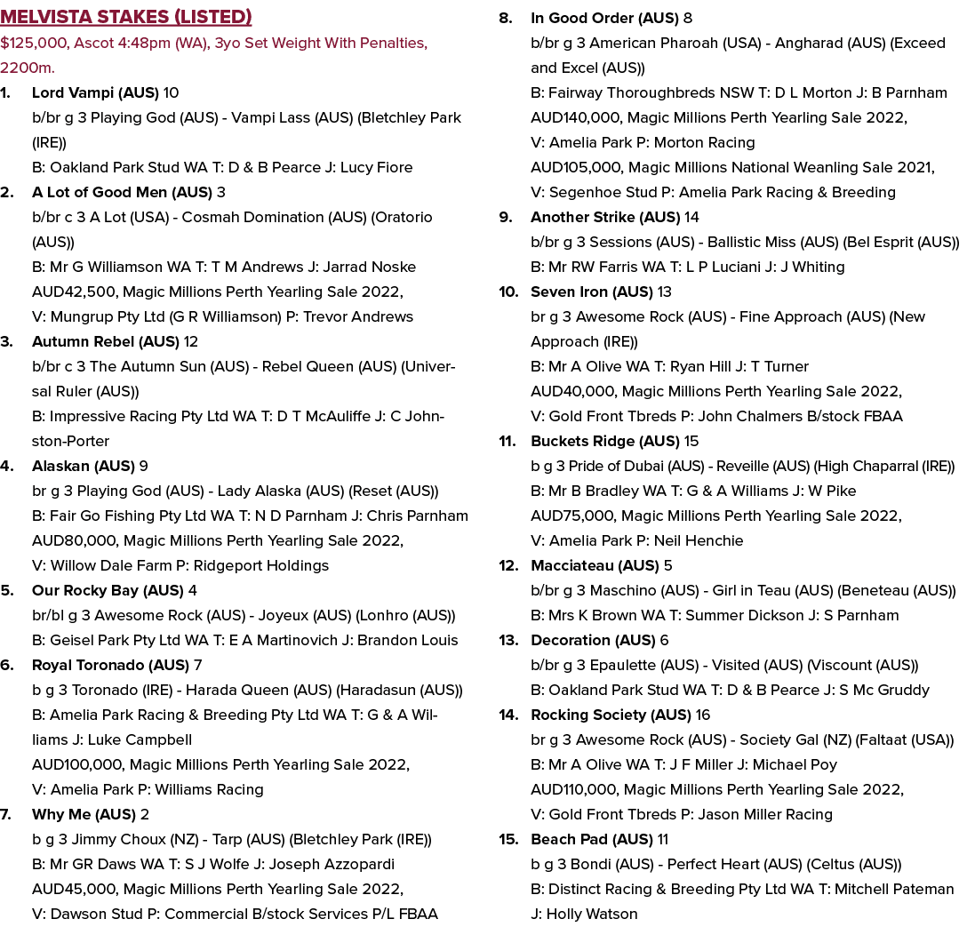 Melvista Stakes (Listed) $125,000, Ascot 4:48pm (WA), 3yo Set Weight With Penalties, 2200m. 1. Lord Vampi (AUS) 10 b/...