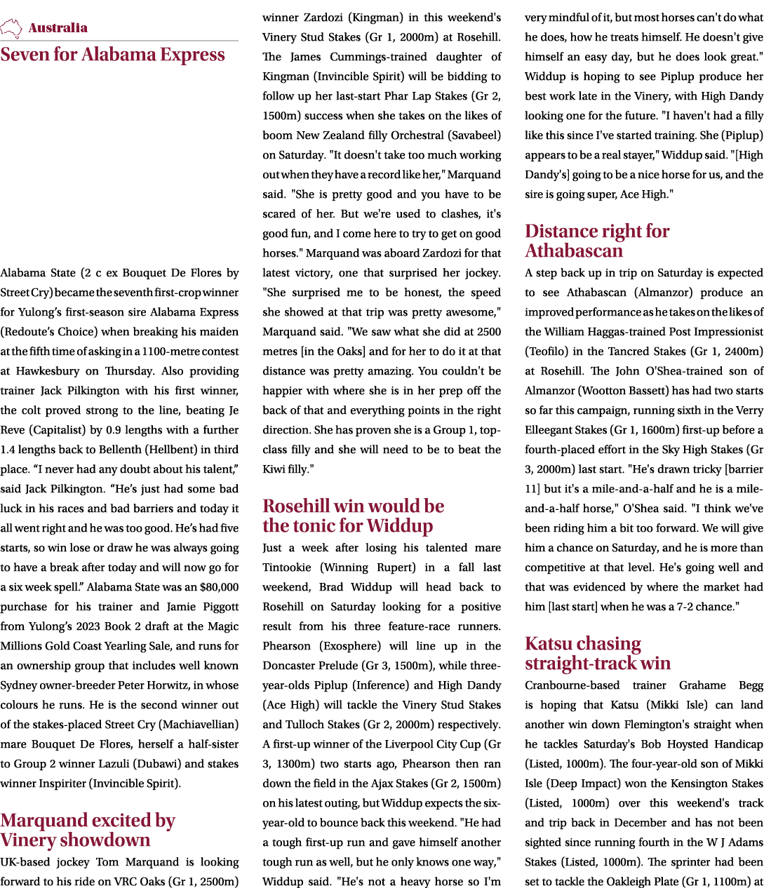 ￼ Seven for Alabama Express Alabama State (2 c ex Bouquet De Flores by Street Cry) became the seventh first crop winn...