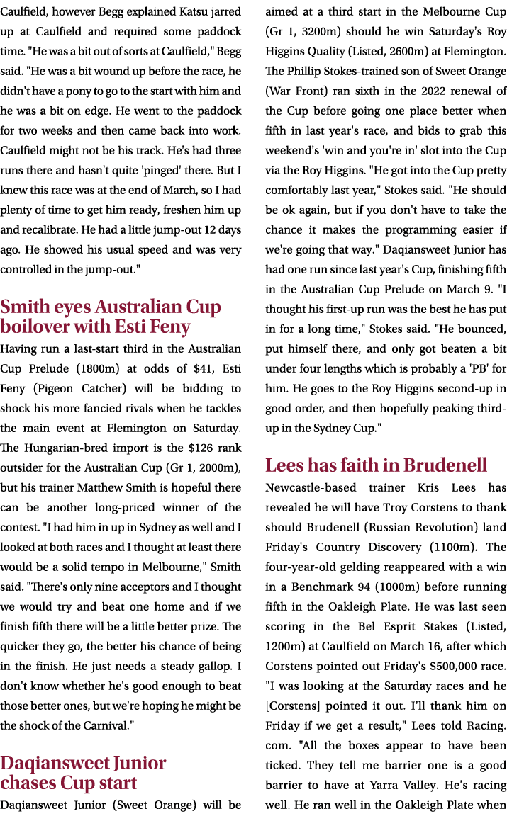 Caulfield, however Begg explained Katsu jarred up at Caulfield and required some paddock time. \“He was a bit out of ...