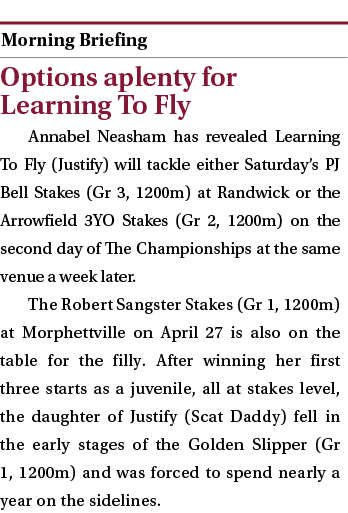  ￼ Options aplenty for Learning To Fly Annabel Neasham has revealed Learning To Fly (Justify) will tackle either Satu...