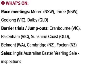 ￼ What's on: Race meetings: Moree (NSW), Taree (NSW), Geelong (VIC), Dalby (QLD) Barrier trials / Jump outs: Cranbour...