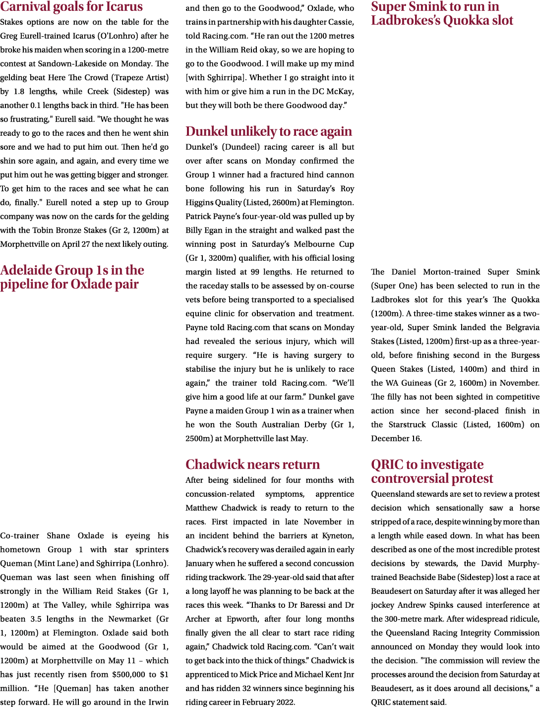 Carnival goals for Icarus Stakes options are now on the table for the Greg Eurell trained Icarus (O'Lonhro) after he ...