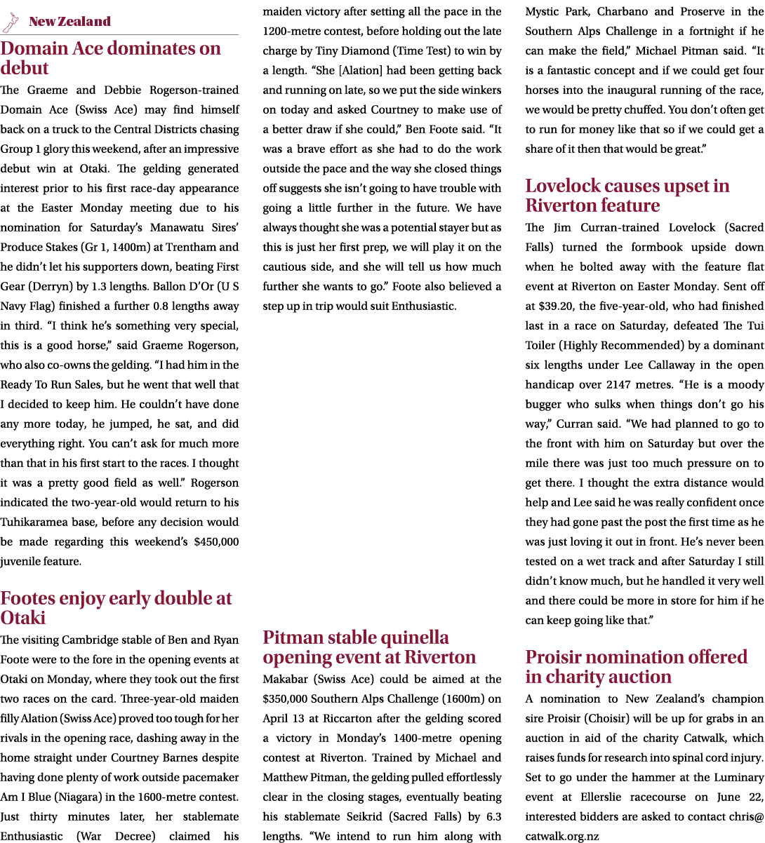 ￼ Domain Ace dominates on debut The Graeme and Debbie Rogerson trained Domain Ace (Swiss Ace) may find himself back o...