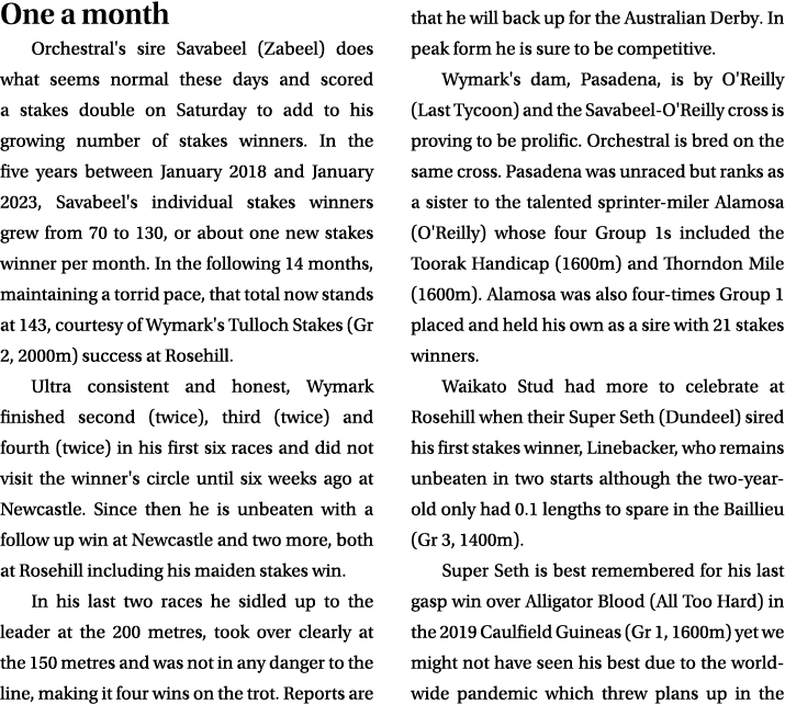 One a month Orchestral's sire Savabeel (Zabeel) does what seems normal these days and scored a stakes double on Satur...